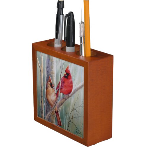 Red Northern Cardinal Bird Pair Watercolor Art Desk Organizer