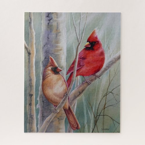 Red Northern Cardinal Bird Pair Watercolor Art Jigsaw Puzzle