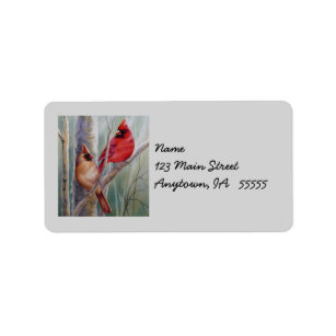 Red Northern Cardinal Bird Pair Watercolor Art Label
