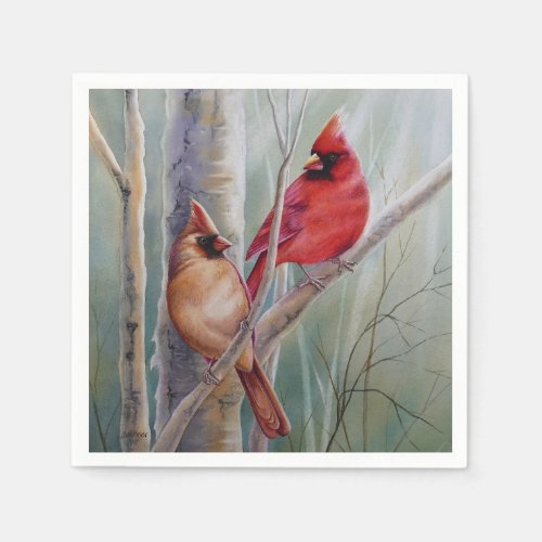 Red Northern Cardinal Bird Pair Watercolor Art Napkins