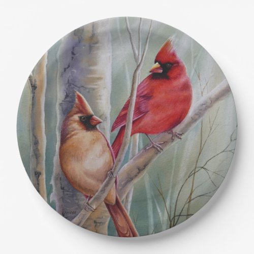 Red Northern Cardinal Bird Pair Watercolor Art Paper Plates