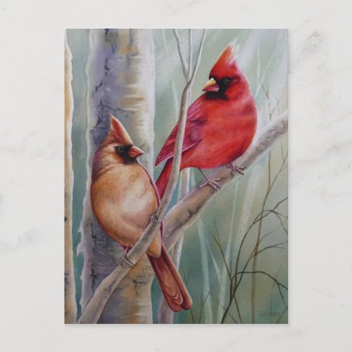 Red Northern Cardinal Bird Pair Watercolor Art Postcard