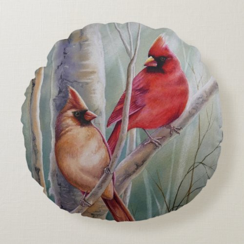 Red Northern Cardinal Bird Pair Watercolor Art Round Pillow