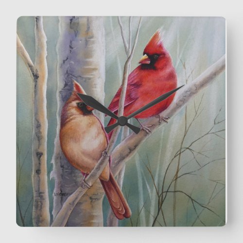 Red Northern Cardinal Bird Pair Watercolor Art Square Wall Clock
