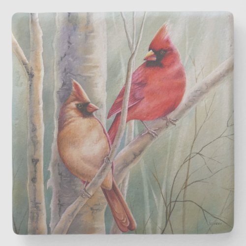 Red Northern Cardinal Bird Pair Watercolor Art Stone Coaster