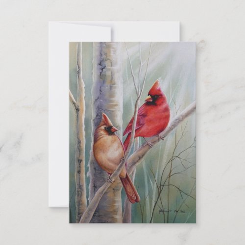 Red Northern Cardinal Bird Pair Watercolor Art Thank You Card