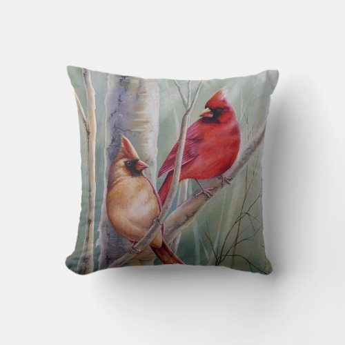 Red Northern Cardinal Bird Pair Watercolor Art Throw Pillow