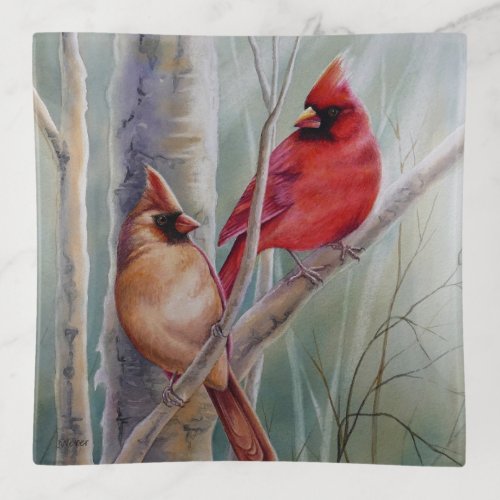Red Northern Cardinal Bird Pair Watercolor Art Trinket Tray