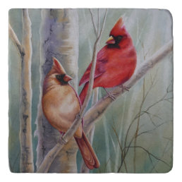 Red Northern Cardinal Bird Pair Watercolor Art Trivet