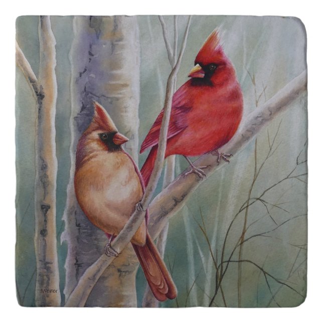 Red Northern Cardinal Bird Pair Watercolor Art Trivet (Front)