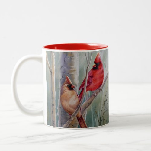 Red Northern Cardinal Bird Pair Watercolor Art Two_Tone Coffee Mug