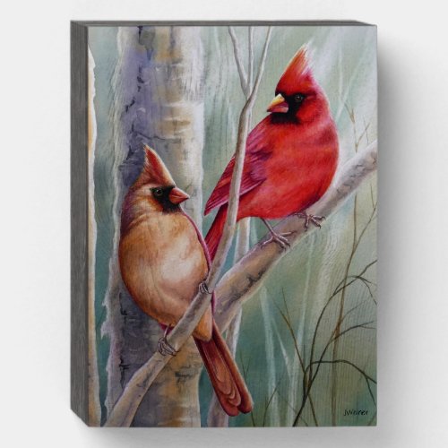 Red Northern Cardinal Bird Pair Watercolor Art Wooden Box Sign