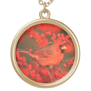 Red Northern Cardinal Male, IL Gold Plated Necklace