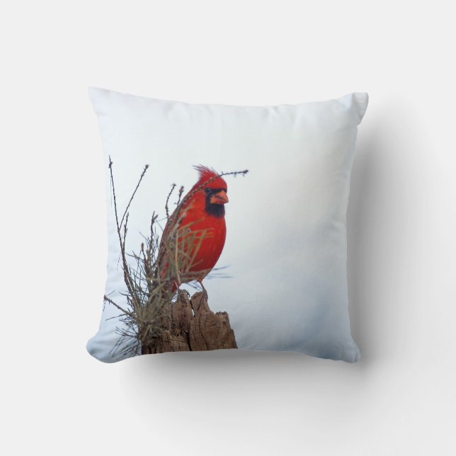 Red Northern Cardinal sitting on a wooden post Throw Pillow (Front)