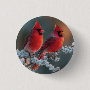 Red Northern Cardinals Perched on a Frosted Branch Button