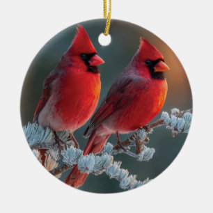 Red Northern Cardinals Perched on a Frosted Branch Ceramic Ornament
