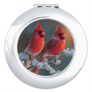 Red Northern Cardinals Perched on a Frosted Branch Compact Mirror