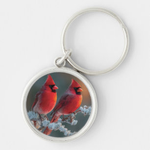 Red Northern Cardinals Perched on a Frosted Branch Keychain