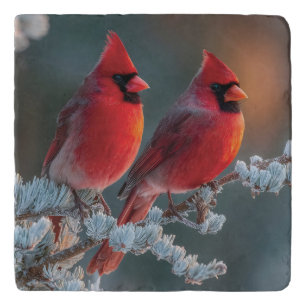 Red Northern Cardinals Perched on a Frosted Branch Trivet
