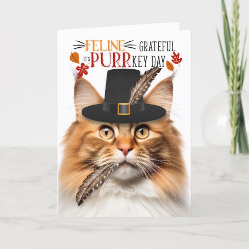 Red Norwegian Forest Cat Grateful PURRkey Day Holiday Card