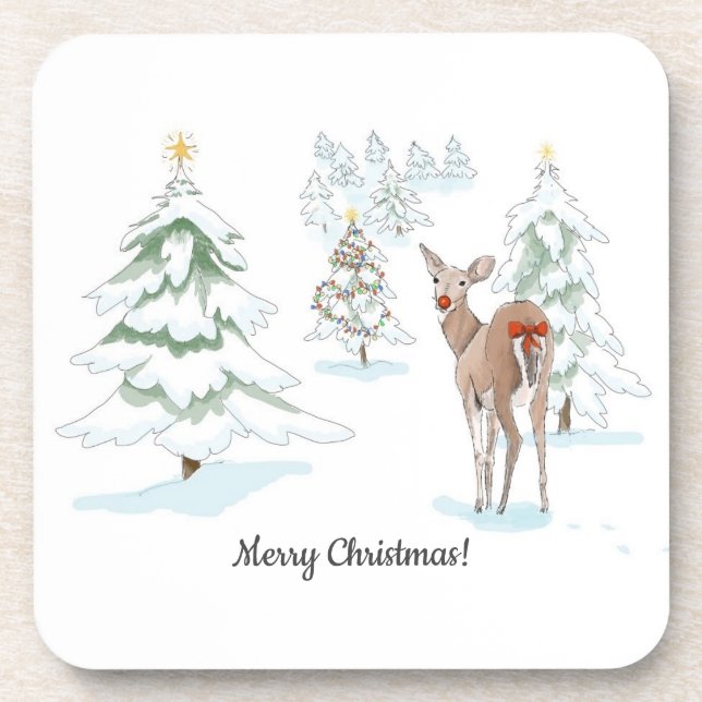 Red Nose Deer in the Snowy Wood Holiday Beverage Coaster (Front)
