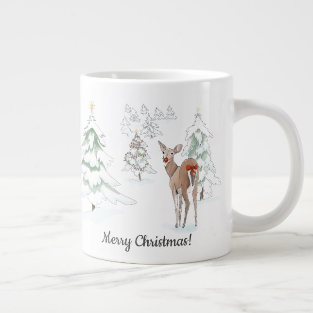 Red Nose Deer in the Snowy Wood Holiday Giant Coffee Mug (Right)