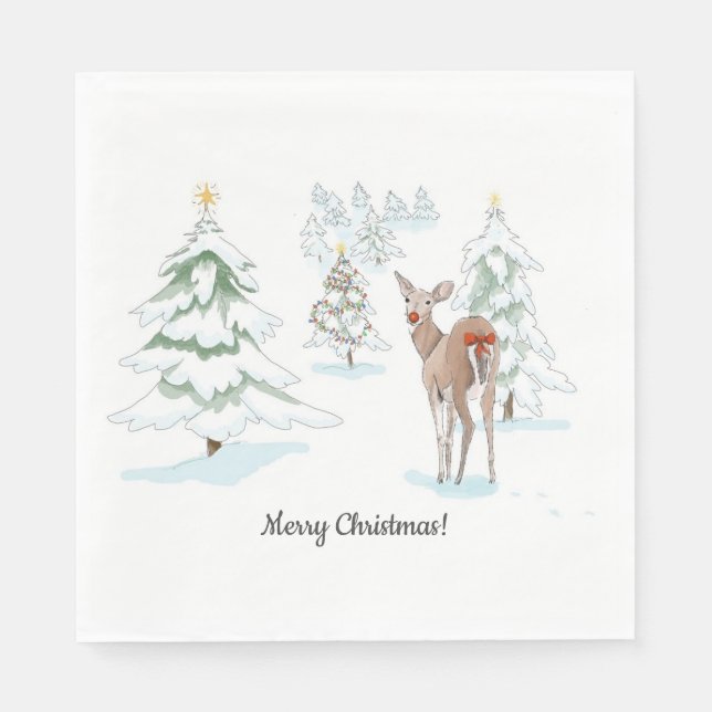 Red Nose Deer in the Snowy Wood Holiday Paper Napkins (Front)