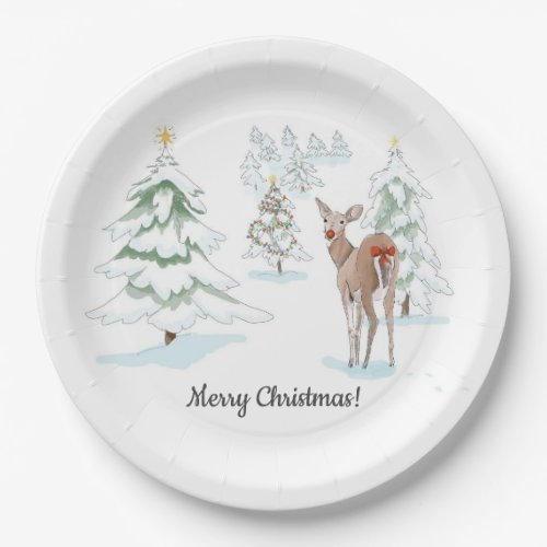 Red Nose Deer in the Snowy Wood Holiday Paper Plates