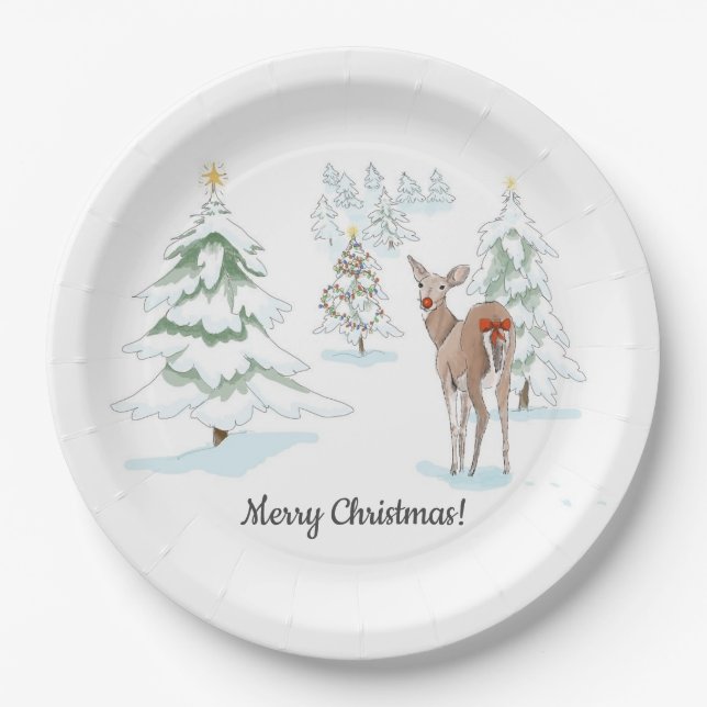 Red Nose Deer in the Snowy Wood Holiday Paper Plates (Front)