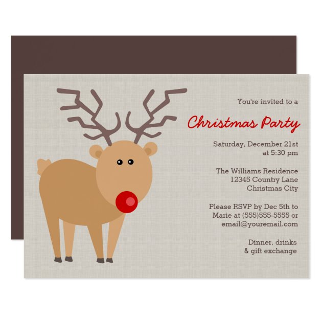 Red Nose Reindeer Rustic Christmas Party Invitation