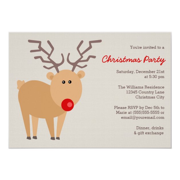 Red Nose Reindeer Rustic Christmas Party Invitation