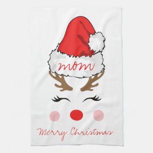 Red Nose Reindeer Santa's Hat Merry Christmas Mom Kitchen Towel