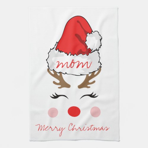 Red Nose Reindeer Santas Hat Merry Christmas Mom  Kitchen Towel