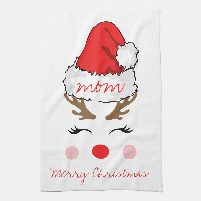 Red Nose Reindeer Santa's Hat Merry Christmas Mom  Kitchen Towel (Vertical)