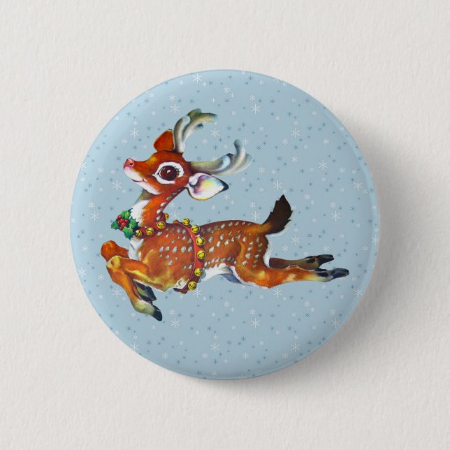 Red Nose Reindeer Vintage Art Button (Front)