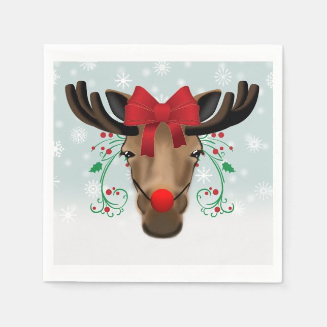 Red Nosed Christmas Moose Holiday Humor Paper Napkins (Front)