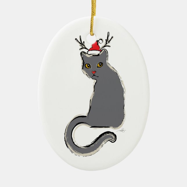 Red-Nosed Christmas Santa Cat Ceramic Ornament (Front)