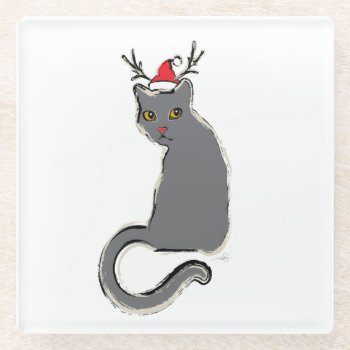 Red-nosed Christmas Santa Cat Glass Coaster by ArtDivination at Zazzle
