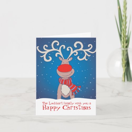 Red nosed reindeer in snow Christmas card