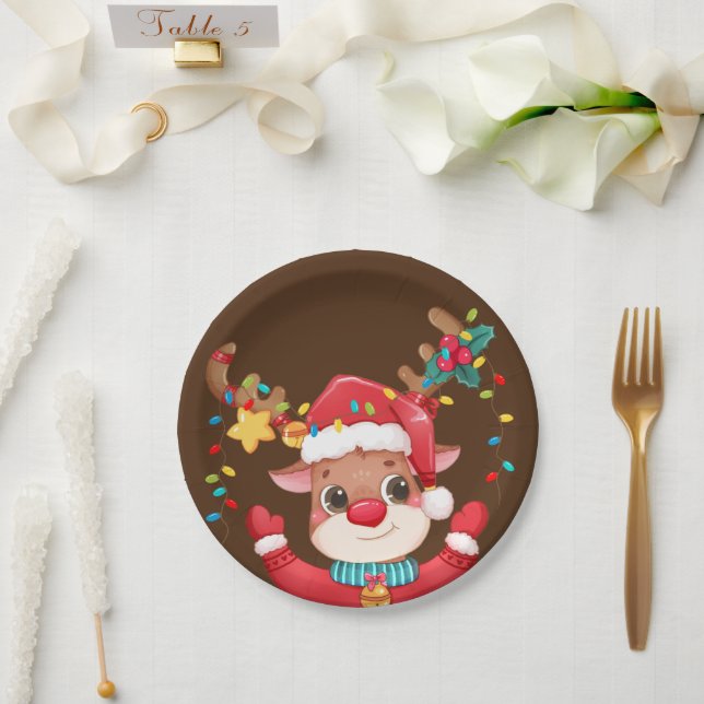 Red Nosed Reindeer Rudolph Christmas Paper Plates (Wedding)
