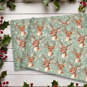 Red Nosed Reinder Decoupage Vintage Damask Tissue Paper