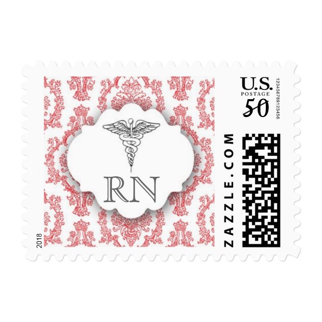 Red Nurse Damask Caduceus RN Postage Stamp