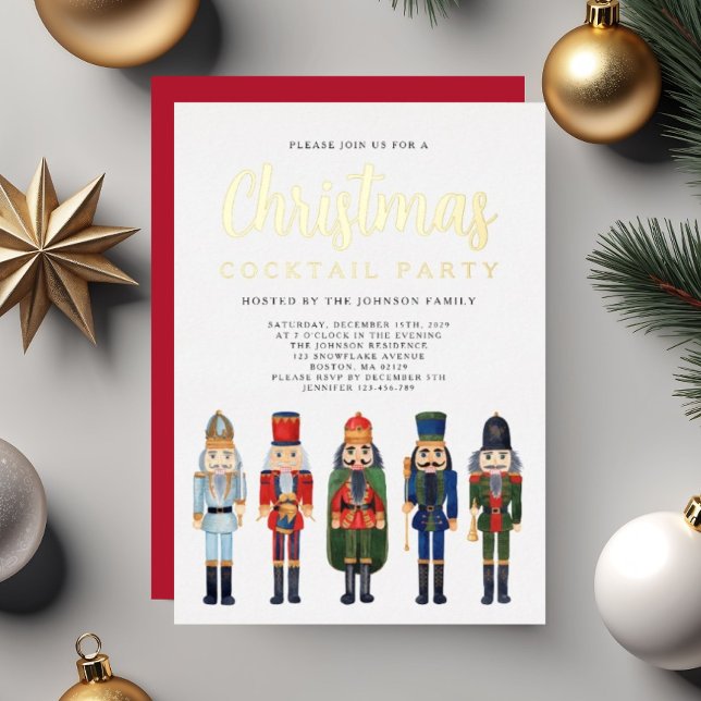 Red Nutcracker Christmas Cocktail Party Gold Foil Invitation (Red Nutcracker Christmas Cocktail Party Gold Foil Invitation)