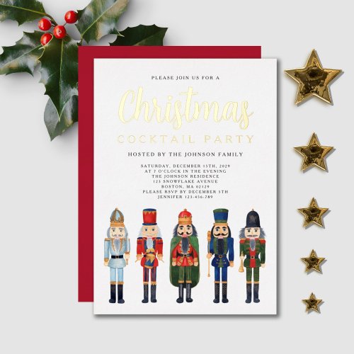 Red Nutcracker Christmas Cocktail Party Gold Foil Invitation