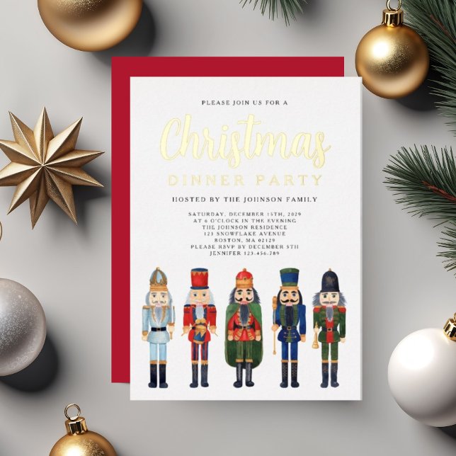 Red Nutcracker Christmas Dinner Party Gold Foil Invitation (Red Nutcracker Christmas Dinner Party Gold Foil Invitation)