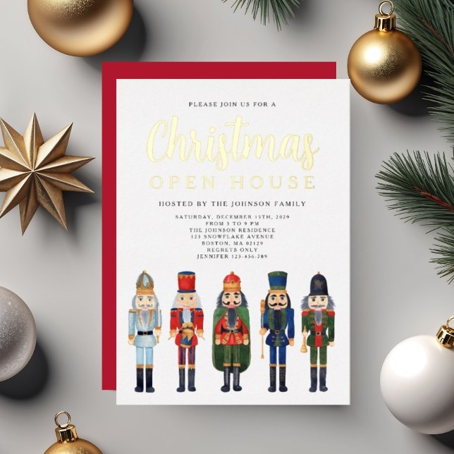Red Nutcracker Christmas Open House Gold Foil Invitation (Red Nutcracker Christmas Open House Gold Foil Invitation)