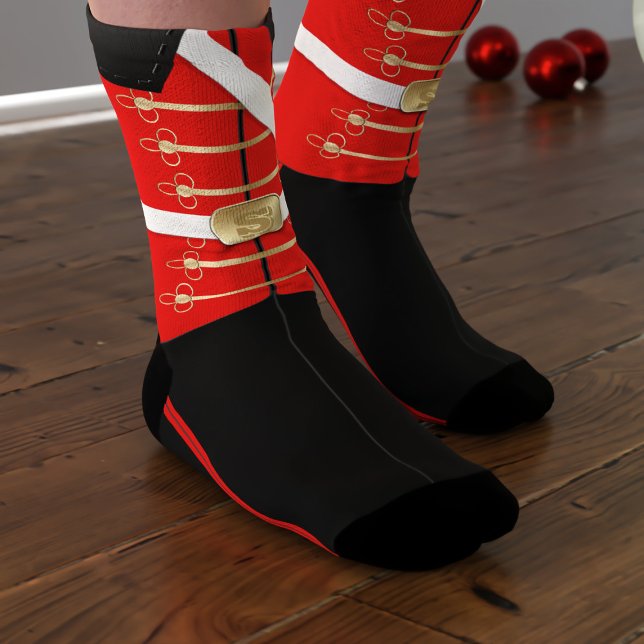 Red Nutcracker Toy Soldier Uniform Christmas Socks (You can stand to attention in these festive socks. Just add your initial to the soldier's belt!)