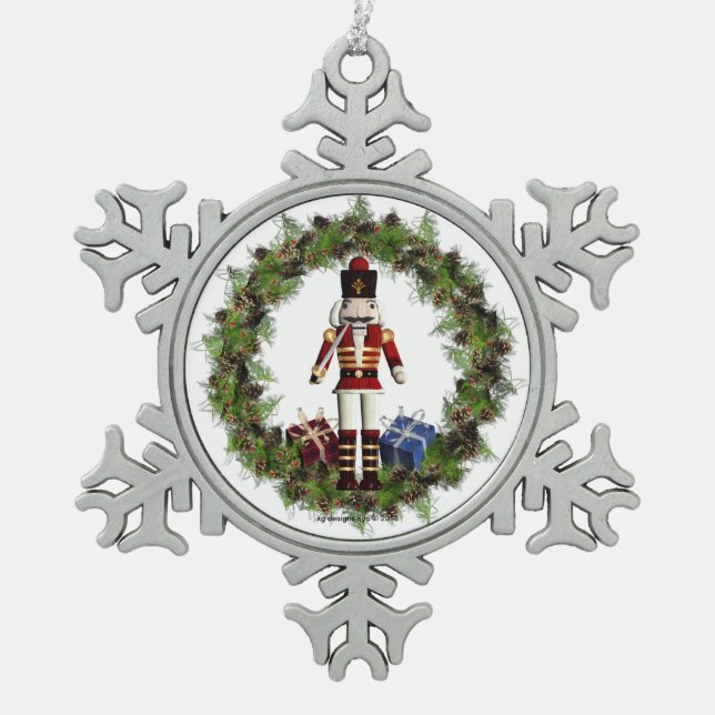 Red Nutcracker Wreath Snowflake Ornament (Front)