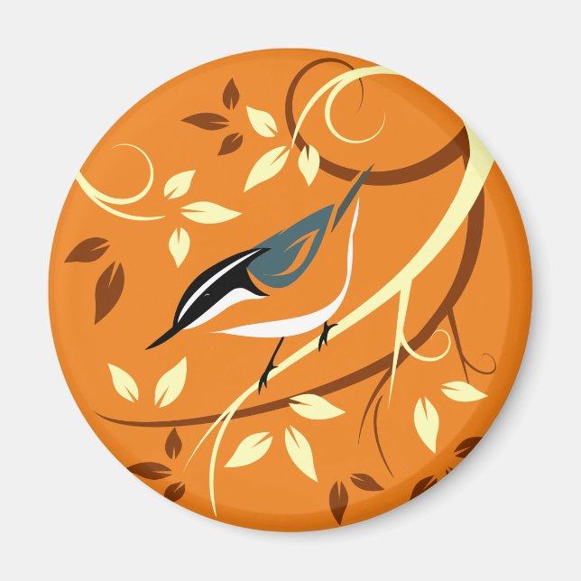 Red Nuthatch On Stylized Tree Branch Magnet (Front)