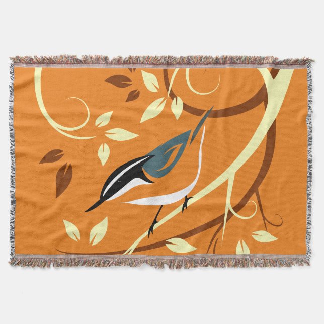 Red Nuthatch On Stylized Tree Branch Throw Blanket (Front)